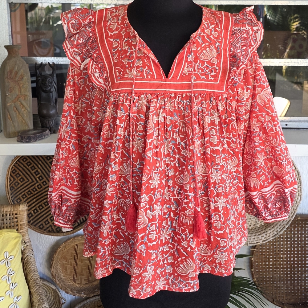 Cleobella Mylah Blouse Medium Red Fan Block Print… - image 8